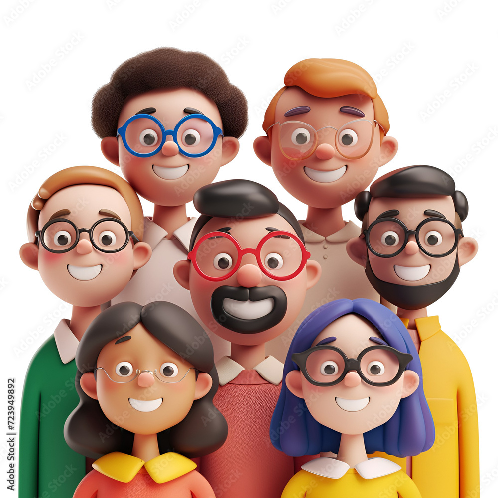 Fototapeta premium 3D render illustration of a simple cartoon close up portrait of smiling people, Isolated on Transparent Background, PNG