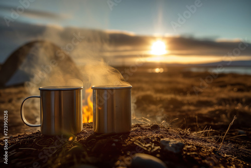 Two metal enamel cups of hot steaming tea by an outdoor campfire. Drinking warm beverage by a bonfire. Scenic Icelandic nature.