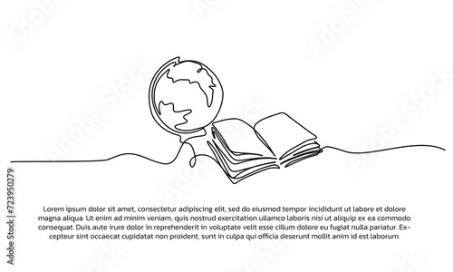Continuous line design of books and the world. Single line decorative element drawn on white background.