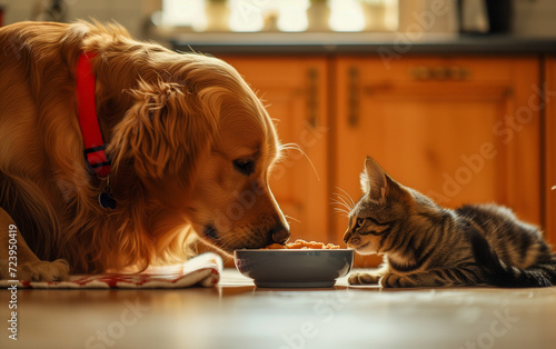Dog and cat eating together in the kitchen.