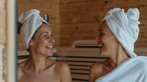 Friends take fun in sauna. 