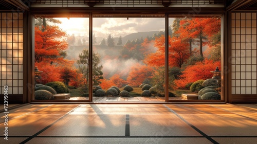 Fototapeta Naklejka Na Ścianę i Meble -  A vintage Japanese room background, featuring a traditional high-class Japanese-style room with walls adorned in gold-backed paintings