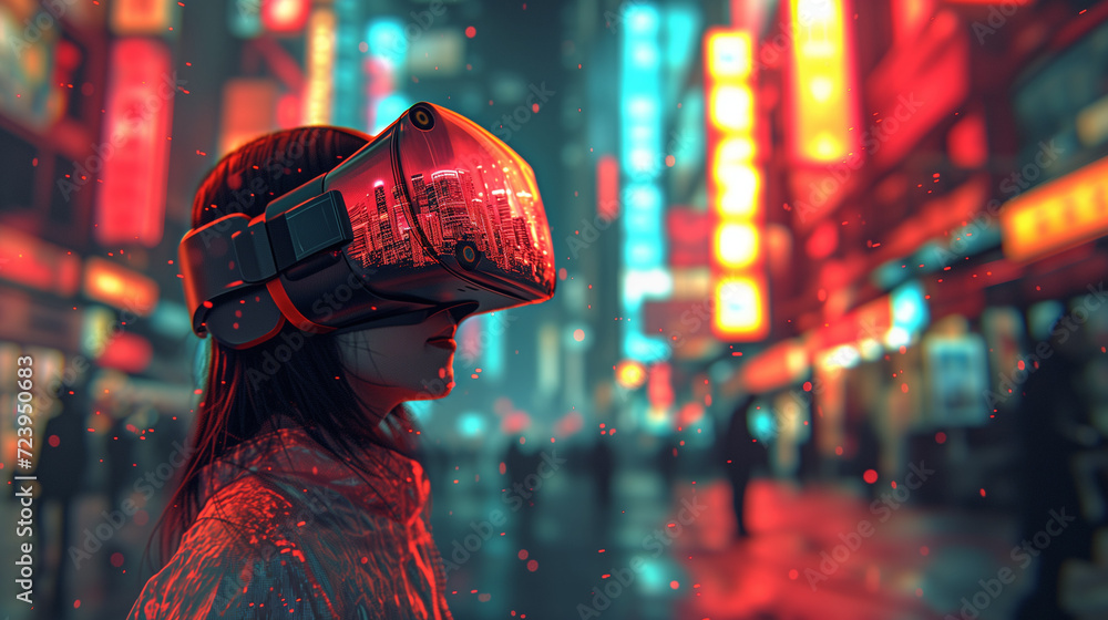Obraz premium Portrait of amazed young woman in a VR headset explores the metaverse's virtual space. Gaming and futuristic entertainment concept, Man uses metaverse technology in an industrial setting. Neon