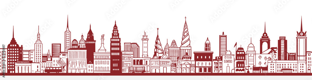 silhouettes of iconic buildings and symbols of city life forming a seamless pattern  celebrating the architectural marvels and cultural richness found in cityscapes. simple minimalist illustration