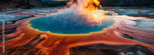The Grand Prismatic Spring in Wyoming, US, mesmerizes with its vibrant colors, where the steamy pool reflects a stunning volcanic masterpiece within a national treasure