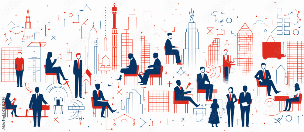 silhouettes of professionals and iconic business elements forming a seamless pattern  celebrating the strategic thinking and growth fostered by successful businesses. simple minimalist illustration