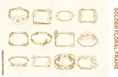 Golden floral wedding frame illustration set