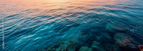 Aerial photo of a tranquil scene of a clear blue ocean captured at sunset, showcasing the silky water surface, vibrant hues of the sky, and the gentle play of light on the waves