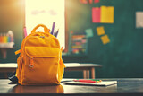 Yellow school backpack on a table in classroom on sunny morning. Back to school concept.