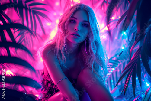 Attractive young woman in neon lights, with trees in the background