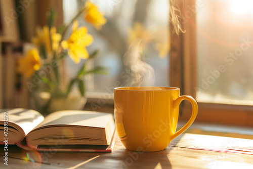 Cozy warm composition with yellow cup of hot coffee or tea and a book on sunny windowsill on spring day. Spring home decor. Easter.