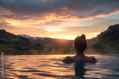 Young woman enjoying spa in hot springs in Iceland. Beautiful girl having fun in thermal bath on a backdrop of scenic Icelandic nature. photo