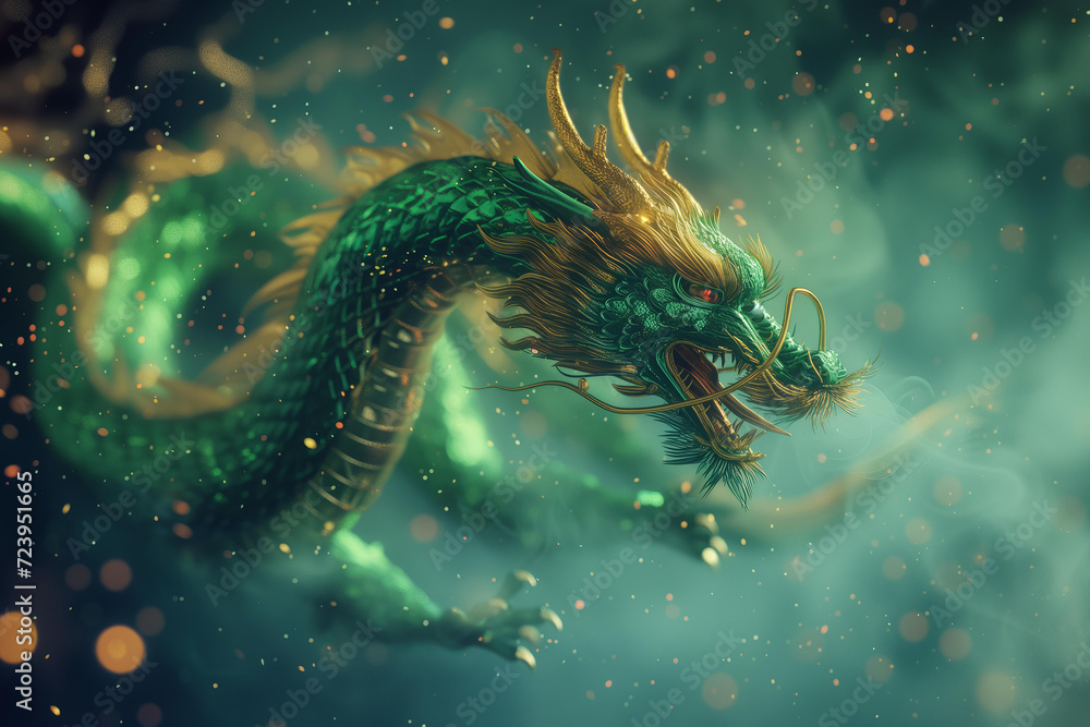 green Chinese dragon covered with grunge texture gold and green scales flying in the sparkle night sky. Chinese New year 2024 symbol of the year