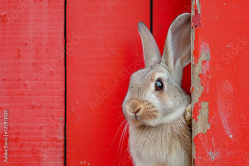 cute Easter bunny hiding behind a red door, showing only its head, furry , minimalist style