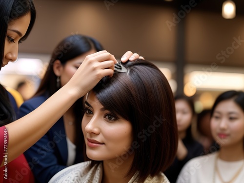 Close-up of a female hairdresser combing a client's hair in public, preparing for a wedding, people looking at a woman. Hairdresser.