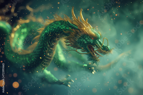 green Chinese dragon covered with grunge texture gold and green scales flying in the sparkle night sky. Chinese New year 2024 symbol of the year © ALL YOU NEED studio
