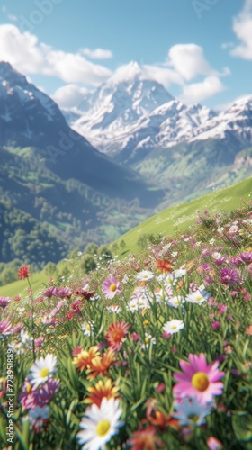 Colorful flowers blooming in a lush green field with snow-capped mountains in the distance