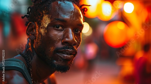 Portrait of a handsome African man with dark skin. Concept: pronounced facial features, illuminated in such a way as to highlight the details and texture of the face 