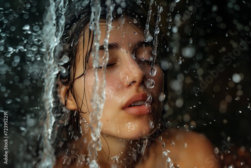 La mujer joven est   tomando una ducha