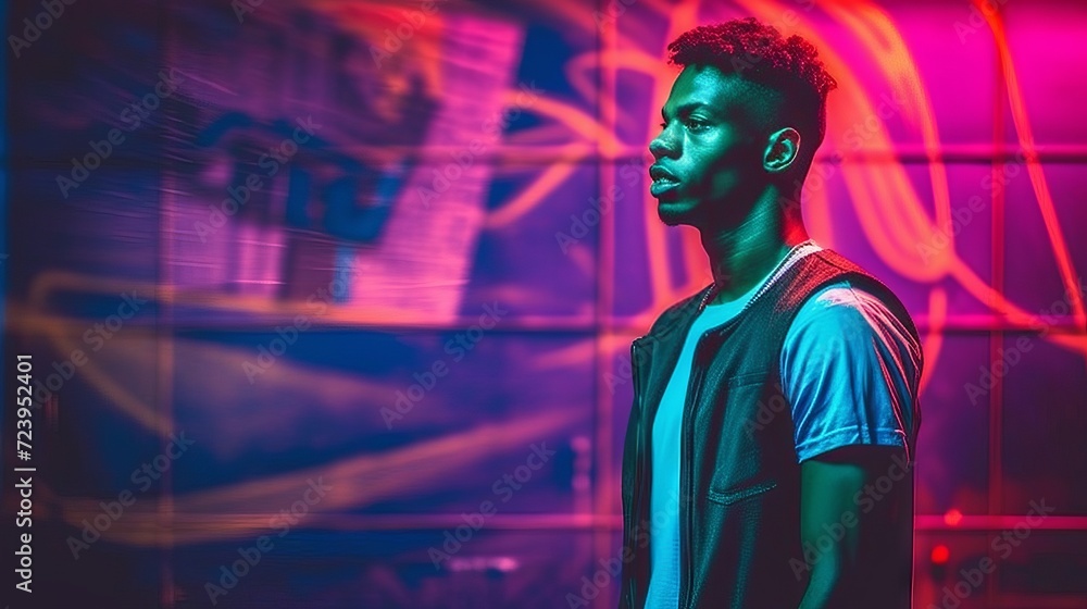 Male African basketball player in a dynamic pose with bright neon lighting in purple and pink tones. The guy is holding a basketball. Concept: themes of street and professional sports, activity Male African basketball player in a dynamic pose with bright neon lighting in purple and pink tones. The guy is holding a basketball. Concept: themes of street and professional sports, activity