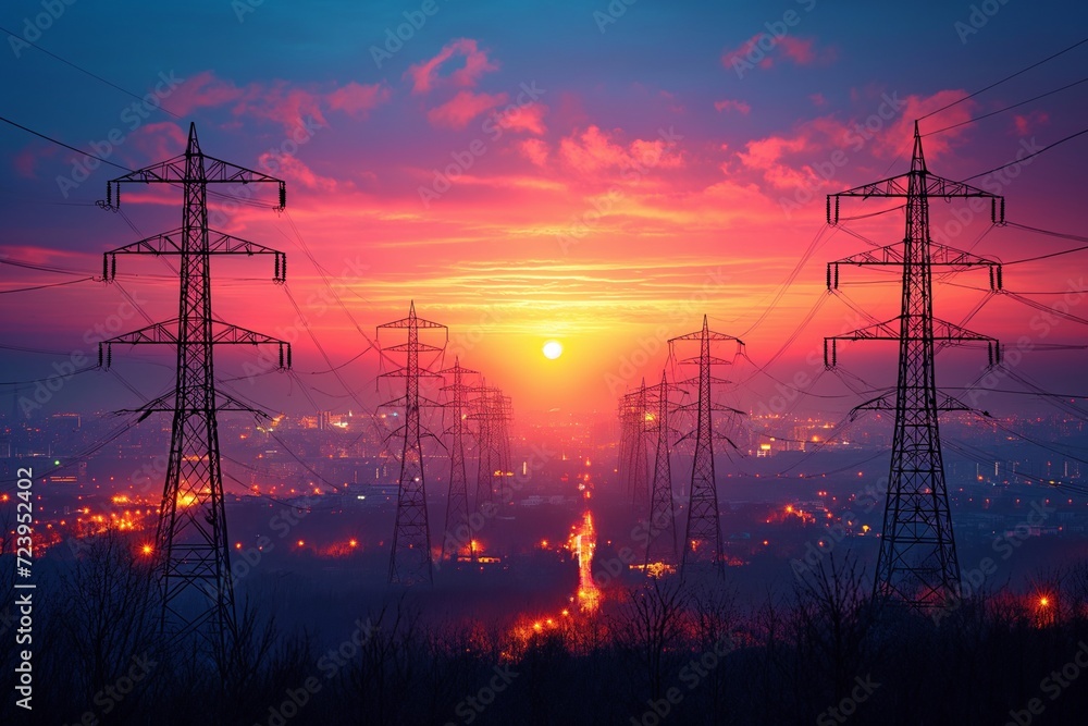 Shadowplay High-voltage electric tower against the backdrop of the sunset. - obrazy, fototapety, plakaty 