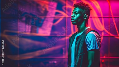 Male African basketball player in a dynamic pose with bright neon lighting in purple and pink tones. The guy is holding a basketball. Concept: themes of street and professional sports, activity  photo