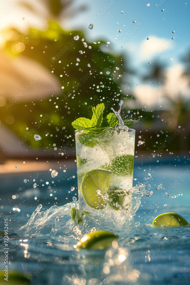 Beautiful hight detailed mojito cocktail on the poolside background. Selective focus. Freshness, water splash , mint leaves floating around Beautiful hight detailed mojito cocktail on the poolside background. Selective focus. Freshness, water splash , mint leaves floating around