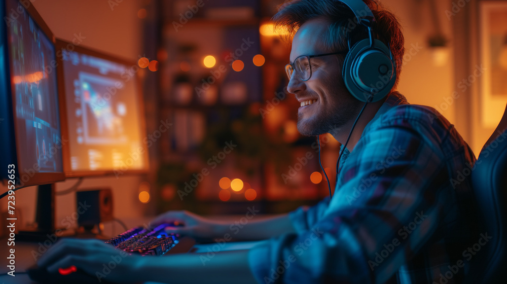 Happy Gamer Playing at Night with Colorful LED Lights Happy Gamer Playing at Night with Colorful LED Lights