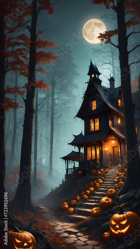 A digital painting of a spooky Halloween scene set in the middle of a dense forest under a full moon