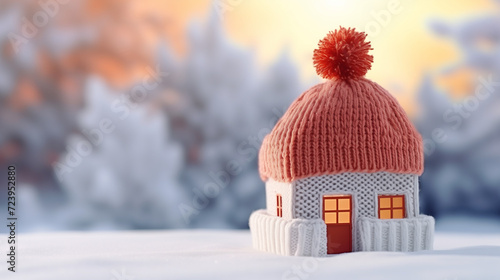 knitted house in winter. concept of rising heating costs, new heating system