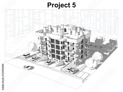 Vector architectural project of a multistory building, aerial view
