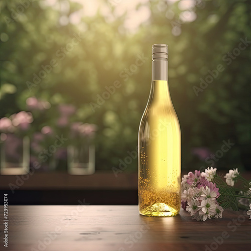 Bottle of White Wine Set Against Beautiful Flowery Background