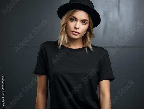 T-shirt Mokeup - Jeune femme avec un t-shirt à col rond et manches courtes de couleur noire. format 4:3
