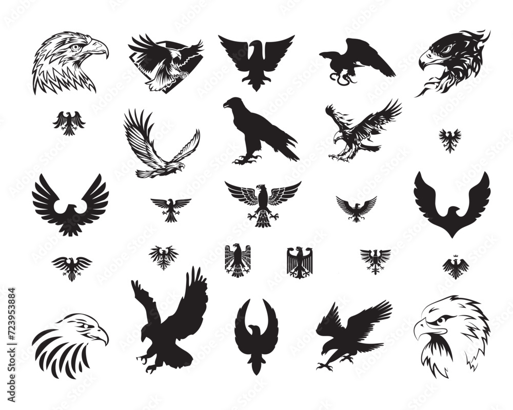 This is a vector eagle with various shapes and styles. Very suitable for use as a logo, background and additional element on a poster. Made in black, of course the color can be changed.