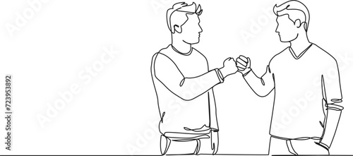 continuous single line drawing of two guys doing a fist bump, line art vector illustration
