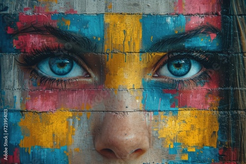close up face of woman eye portrait with abstract painting on the face comeliness