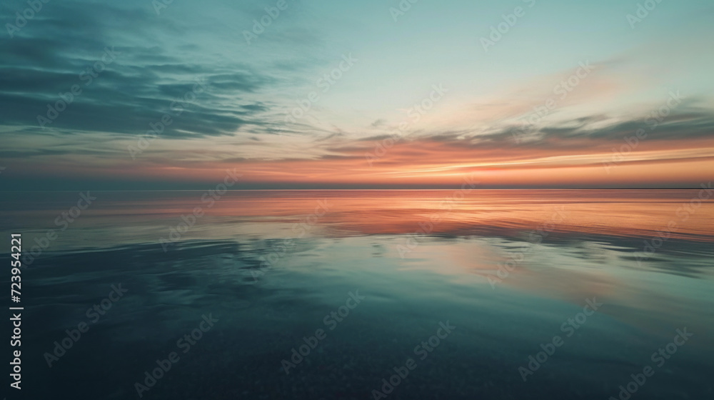 Aerial photo of a tranquil scene of a clear blue ocean captured at sunset, showcasing the silky water surface, vibrant hues of the sky, and the gentle play of light on the waves