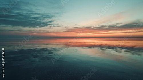 Aerial photo of a tranquil scene of a clear blue ocean captured at sunset  showcasing the silky water surface  vibrant hues of the sky  and the gentle play of light on the waves