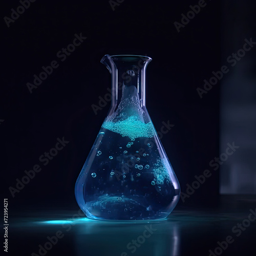 Conical Flask With Blue Bubbling Chemical Substance