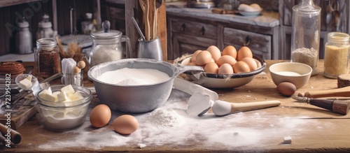 Baking ingredients on a wooden table with flour, eggs and wheat