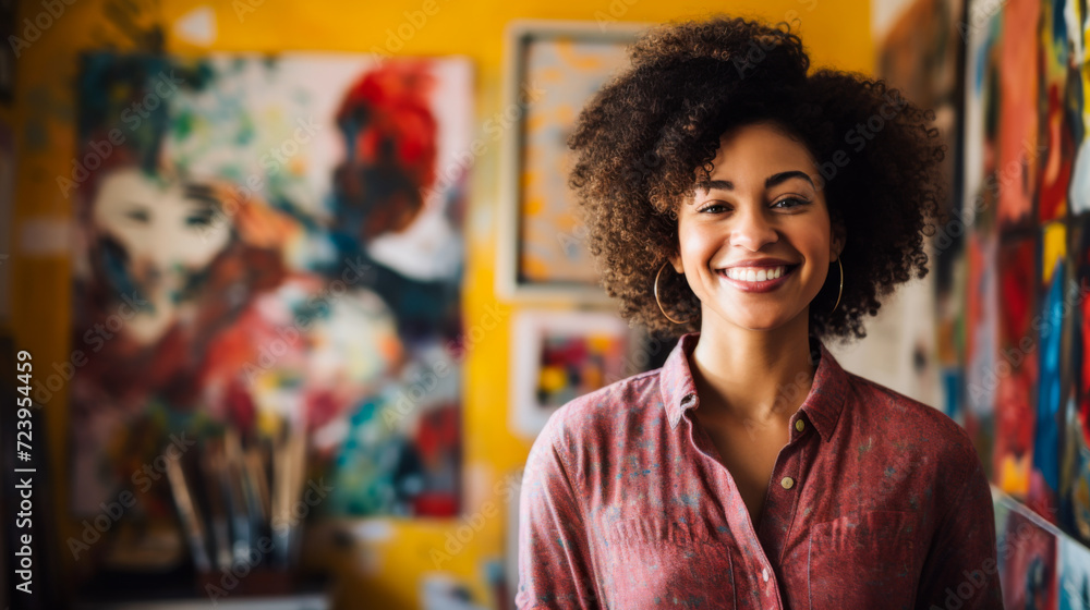 African American artist woman in studio in colorful artwork backdrop - obrazy, fototapety, plakaty 