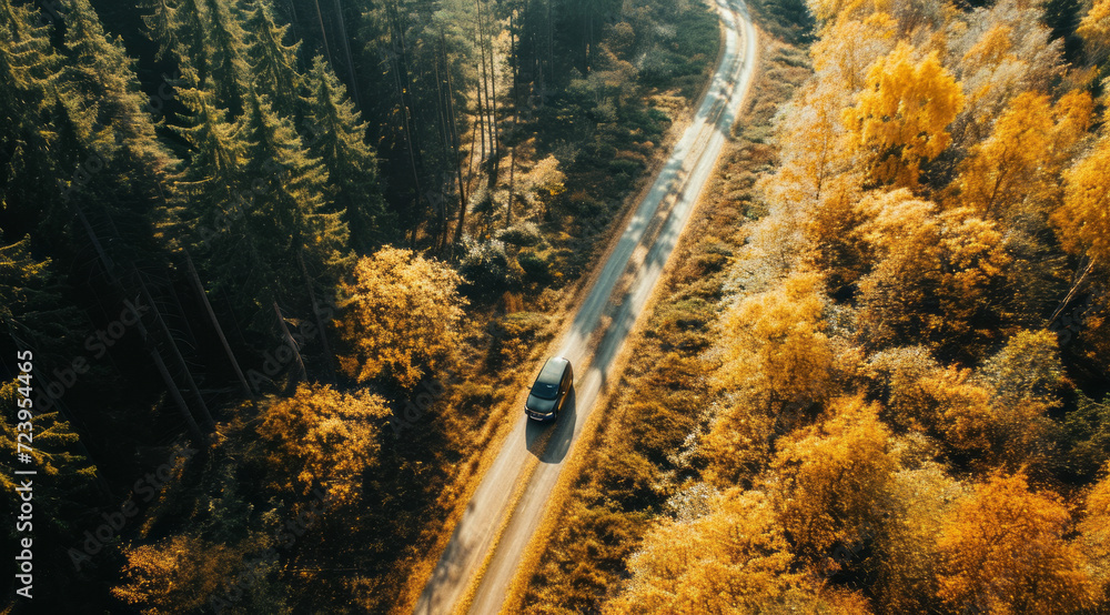 In the heart of autumn, a winding road cuts through a forest ablaze with fall colors, as cars glide gently beneath a canopy of vibrant leaves