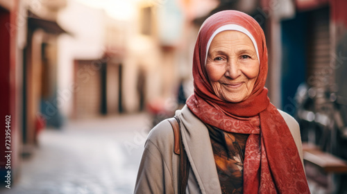 Portrait of a happy old Muslim woman wearing traditional attire photo