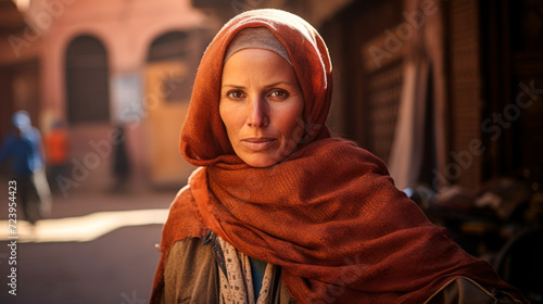 Portrait of a muslim woman in traditional attire posing in Morocco photo