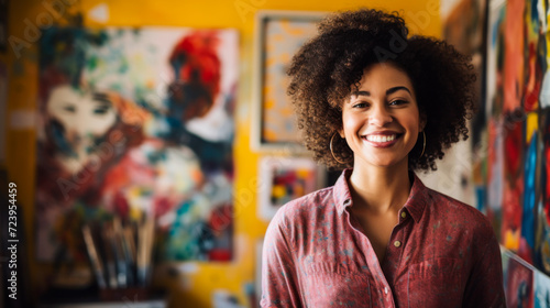 African American artist woman in studio in colorful artwork backdrop