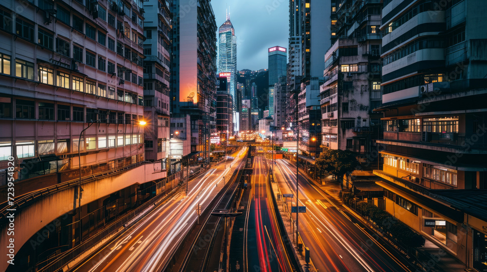 A panoramic view of the cityscape captures the transition from night to morning, with skyscrapers standing tall against the vibrant colors of sunrise, signaling the start of downtown's busy day