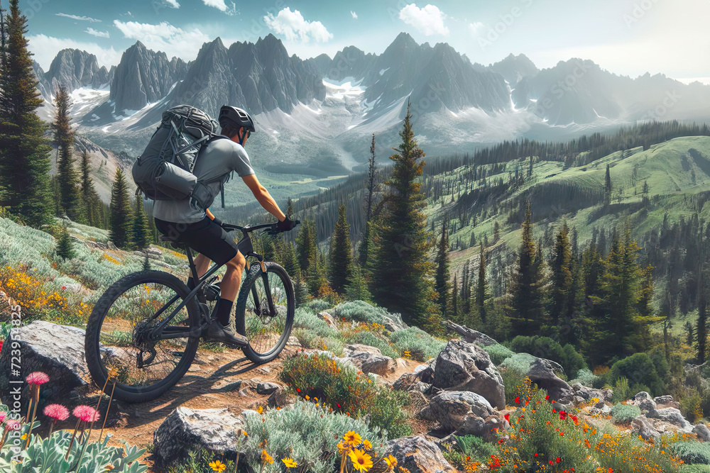 Mountain biker in the rocky mountains. Person biking through rugged alpine landscape