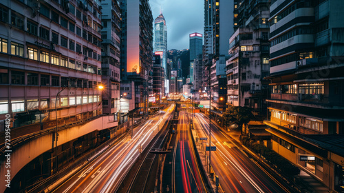 A panoramic view of the cityscape captures the transition from night to morning, with skyscrapers standing tall against the vibrant colors of sunrise, signaling the start of downtown's busy day