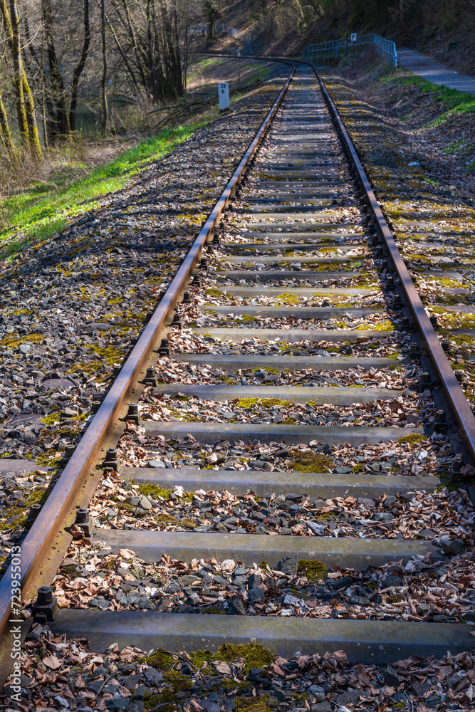 View along the tracks of the railway line in the Wiesentg valley in Franconian Switzerland/Germany View along the tracks of the railway line in the Wiesentg valley in Franconian Switzerland/Germany