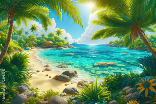 A beach oasis on a remote island. A tropical beach surrounded by bright blue seas and swaying palm trees. In illustration style